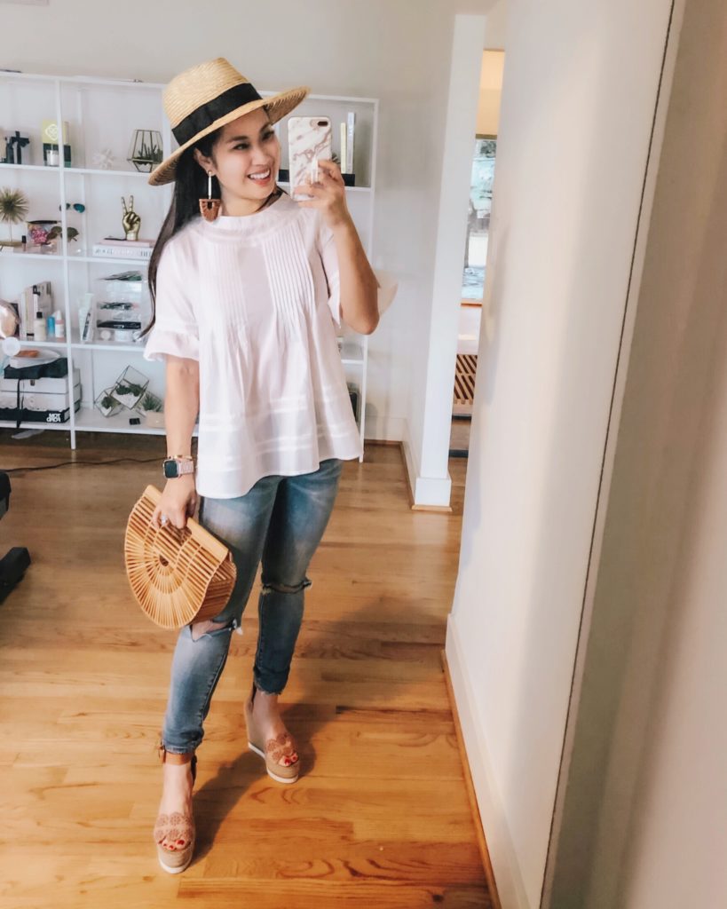 Shopbop Sale featured by top US petite fashion blog cute & little; Image of a woman wearing english factory lace boho top, blanknyc jeans, see by chloe glyn espadrille wedges, brixton joanna hat