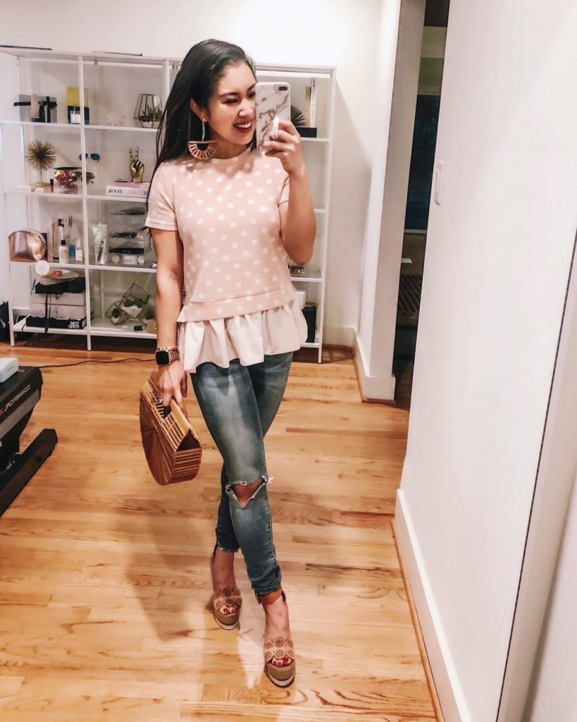 Shopbop Sale featured by top US petite fashion blog cute & little; Image of a woman wearing english factory pink polka dot stripe peplum top, blanknyc jeans, see by chloe glyn espadrille wedges
