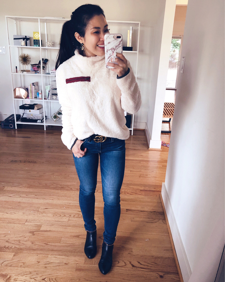 Amazon Winter Fashion featured by top US petite fashion blog Cute & Little; Image of a woman wearing Amazon Sherpa Pullover and Abercrombie High-Rise Ankle Jeans