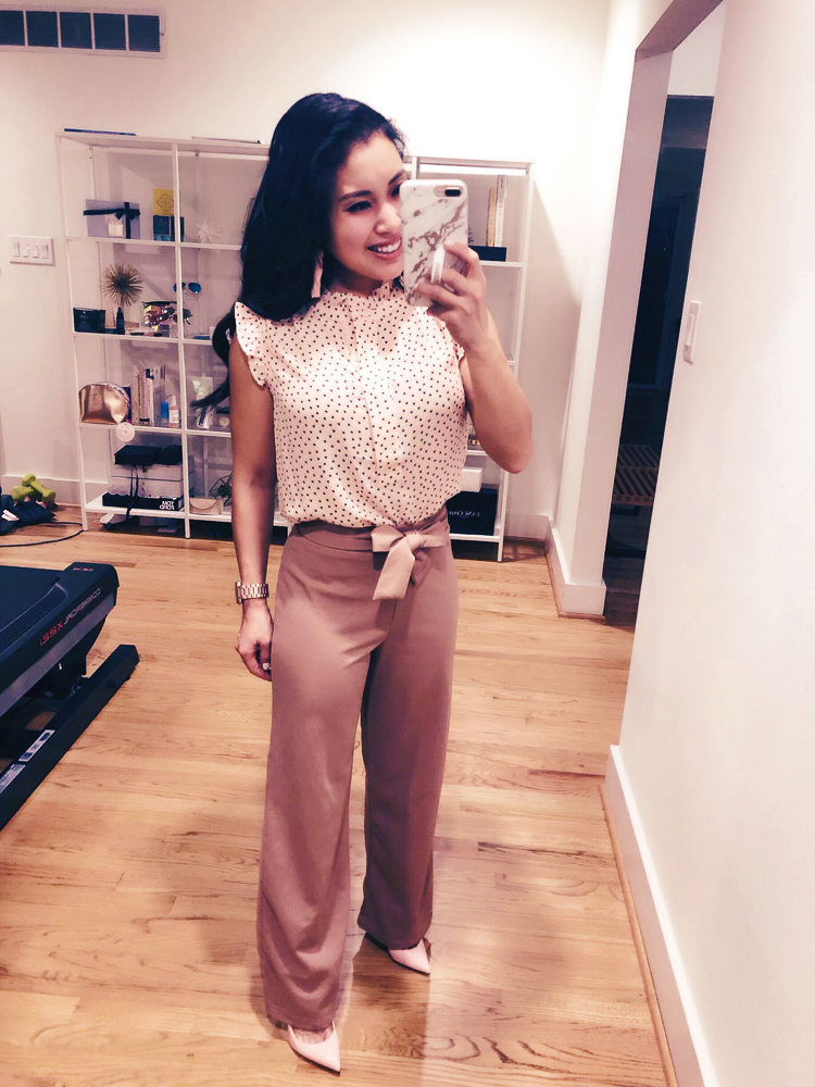 LOFT Sale featured by top US petite fashion blog Cute & Little; Image of a woman wearing LOFT Heart Ruffle Shell, SheIn Pink Wide Leg Pants, Louboutin Pink Pigalle Follies shoes and Baublebar earrings.