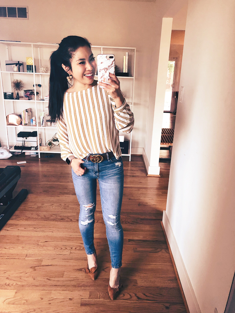 LOFT Sale featured by top US petite fashion blog Cute & Little; Image of a woman wearing LOFT Striped Shirttail Blouse, Abercrombie High Rise Ripped Jeans, Gucci Double G belt, Sole Society shoes and Sugarfix earrings.