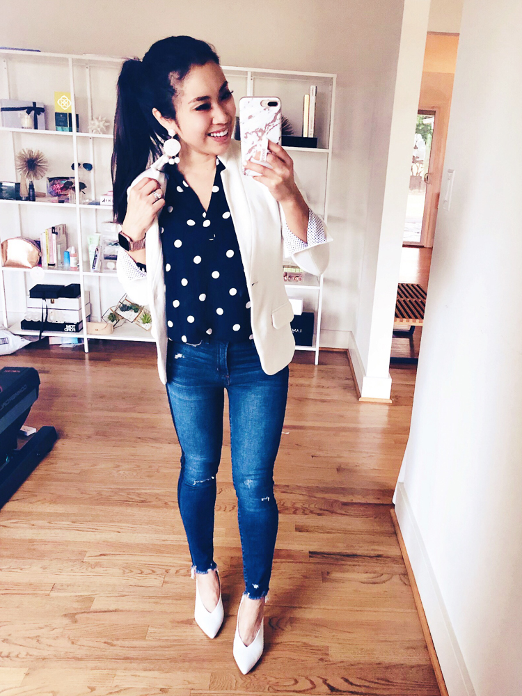 LOFT Sale featured by top US petite fashion blog Cute & Little; Image of a woman wearing Nordstrom blazer, LOFT Dotted Split Neck Blouse, Abercrombie Side Stripe High Rise Jeans, Nordstrom shoes and Baublebar earrings.