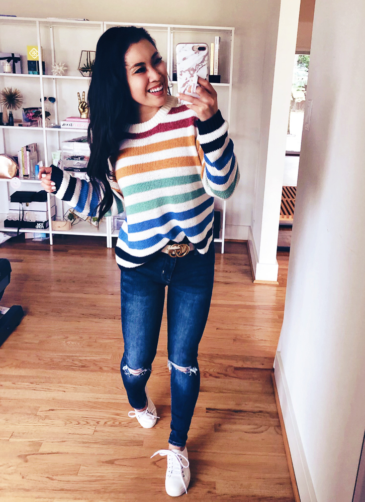 American Eagle Sweaters featured by top US petite fashion blog Cute & Little; Image of a woman wearing American Eagle Striped Crew Pullover Sweater, American Eagle Ne(X)T Level Super High-Waisted Jeggings, Gucci Double G belt and Trask 'Lindsay' Lace-Up Sneakers