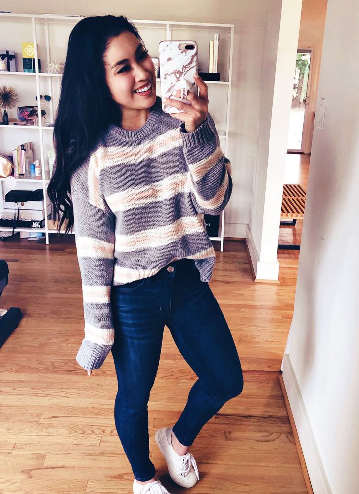 American Eagle Sweaters featured by top US petite fashion blog Cute & Little; Image of a woman wearing American Eagle Slouchy Striped Pullover Sweater, American Eagle Ne(X)T Level High-Waisted Jeggings and Trask 'Lindsay' Lace-Up Sneakers
