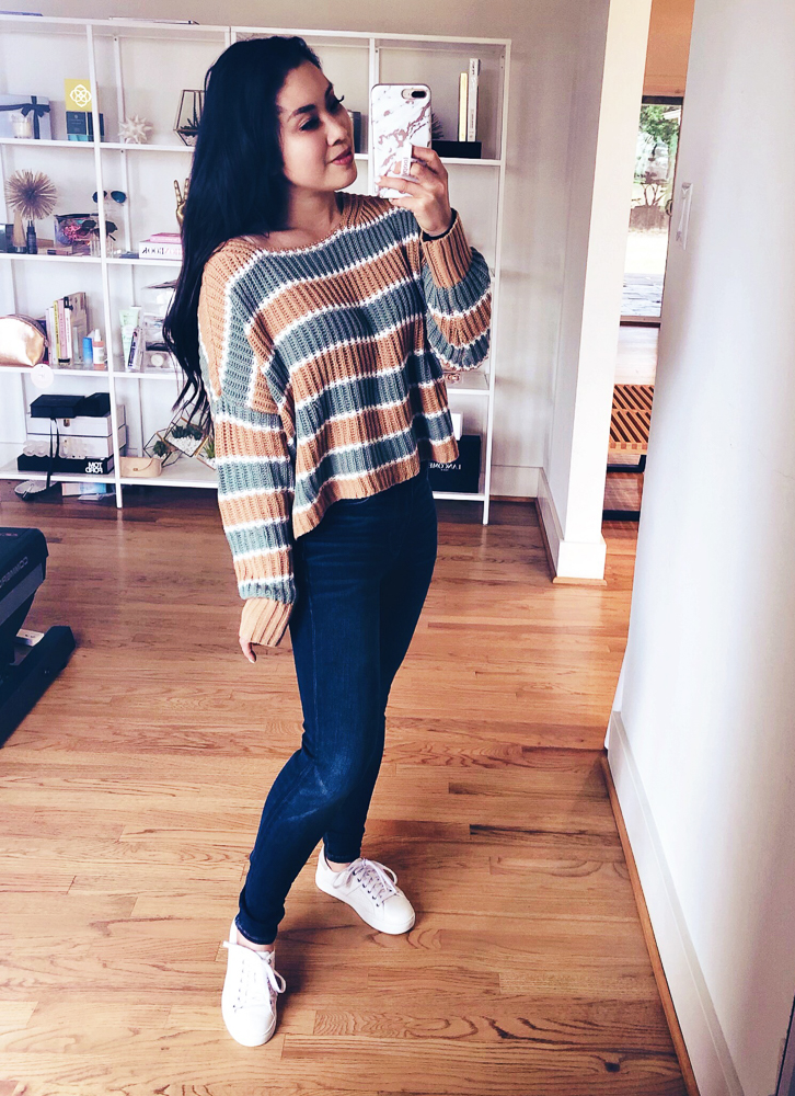 American Eagle Sweaters featured by top US petite fashion blog Cute & Little; Image of a woman wearing American Eagle Striped Crop Pullover Sweater, American Eagle Ne(X)T Level Highest Waist Jeggings, Trask 'Lindsay' Lace-Up Sneakers