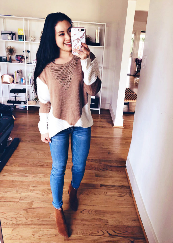 Amazon Winter Fashion featured by top US petite fashion blog Cute & Little; Image of a woman wearing Amazon Chevron Pullover Sweater, American Eagle Button-Fly Jeans and Marc Fisher 'Alva shoes.