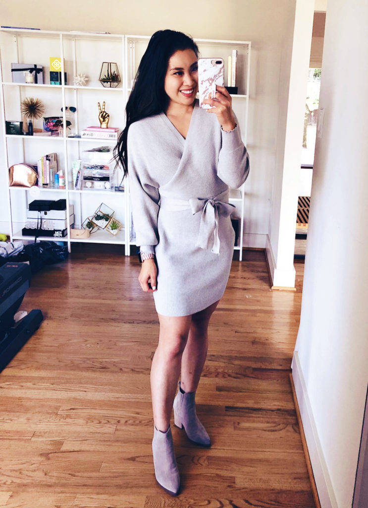 Amazon Winter Fashion featured by top US petite fashion blog Cute & Little; Image of a woman wearing Amazon Tie Waist Wrap Dress and Marc Fisher 'Alva' shoes.