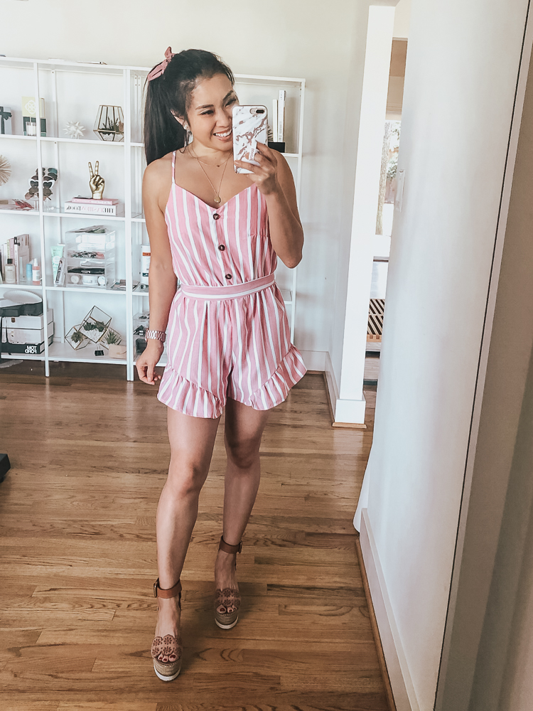 Spring Favorites featured by top US petite fashion blog Cute & Little; Image of a woman wearing SheIn Ruffle Hem Striped Romper, See By Chloe 'Glyn' shoes and Baublebar Alpha Layered Necklace.