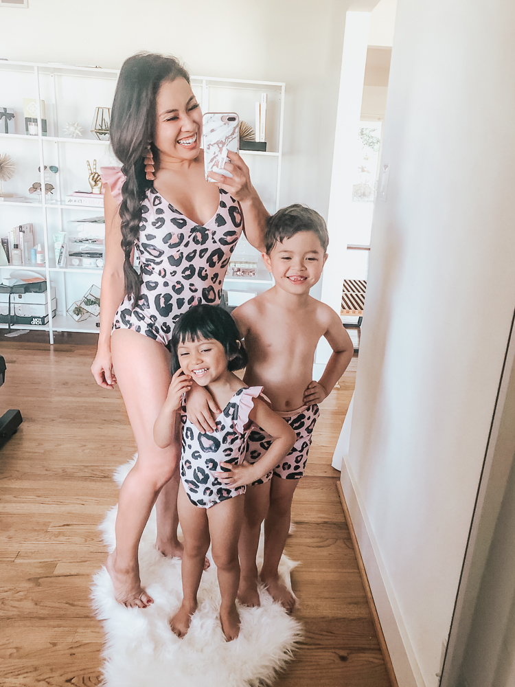 Shein Swimsuits featured by top US petite fashion blog Cute & Little; Image of a woman wearing a Yaffi family matching leopard print swimsuit