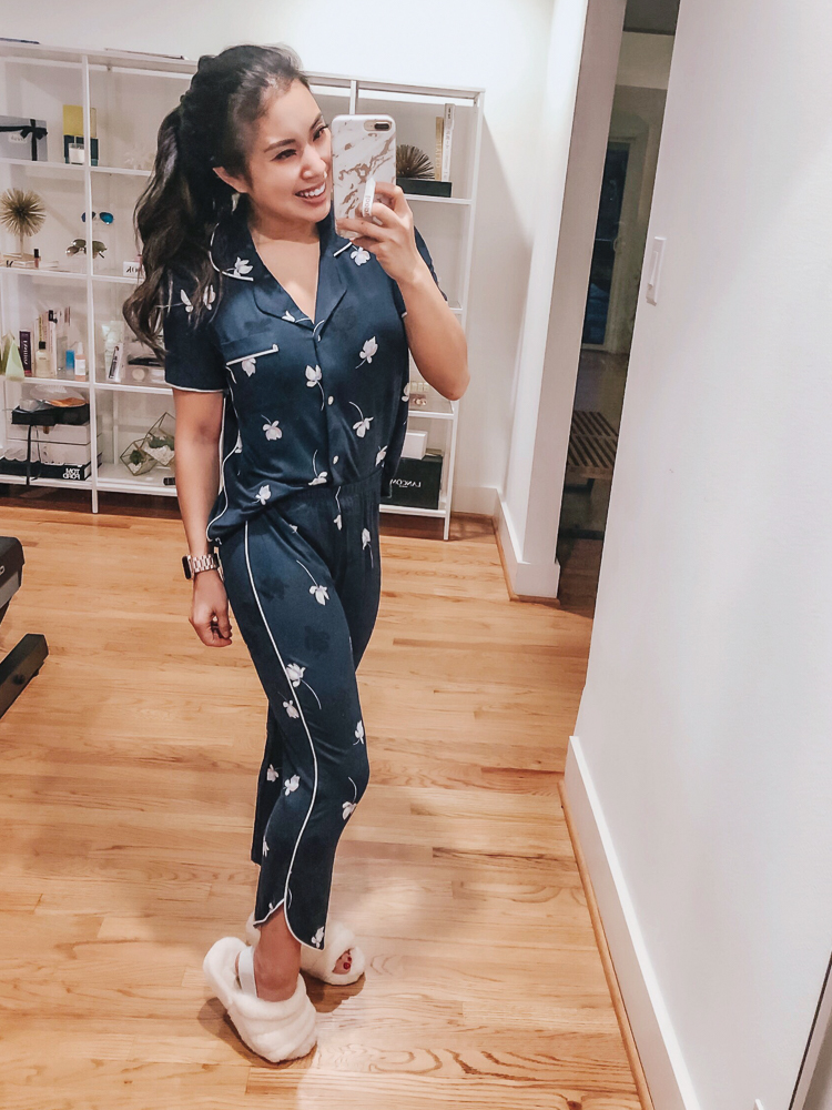 cute & little | dallas popular fashion blog | target stars above sleepwear pajamas try-on haul | navy blue notch collar floral set review | Target Pajamas Try-On featured by top US petite fashion blog, Cute & Little; image of woman wearing floral pajamas from Target