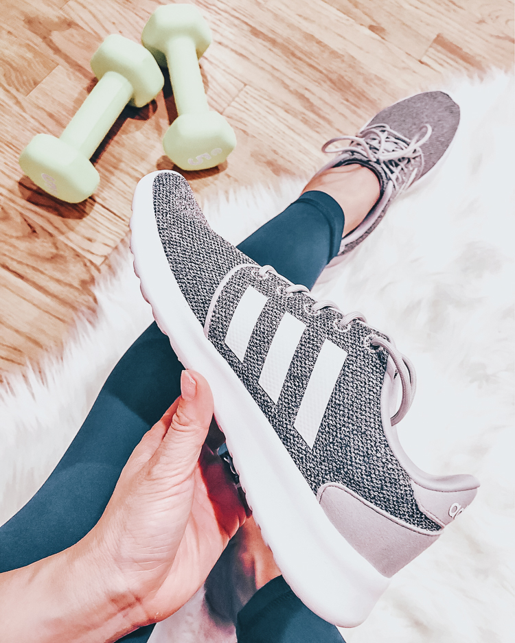 JCPenney Activewear featured by top US petite fashion blog Cute & Little; Image of a woman wearing adidas cloudfoam qt racer sneakers