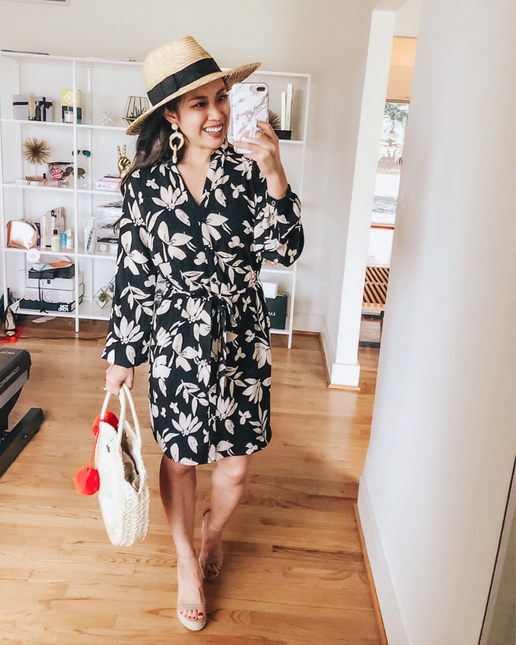 Spring Dresses featured by top US petite fashion blog Cute & Little; Image of a woman wearing target A New Day floral long sleeve shirt dress, brixton joanna hat, amazon straw beach tote, steve madden survive nude espadrille wedges.