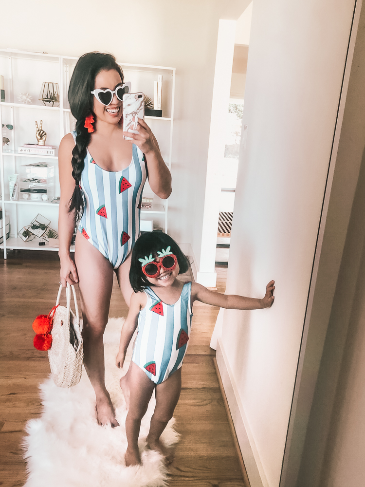 Shein Swimsuits featured by top US petite fashion blog Cute & Little; Image of a woman wearing a Yaffi patpat mommy daughter matching watermelon print striped swimsuit