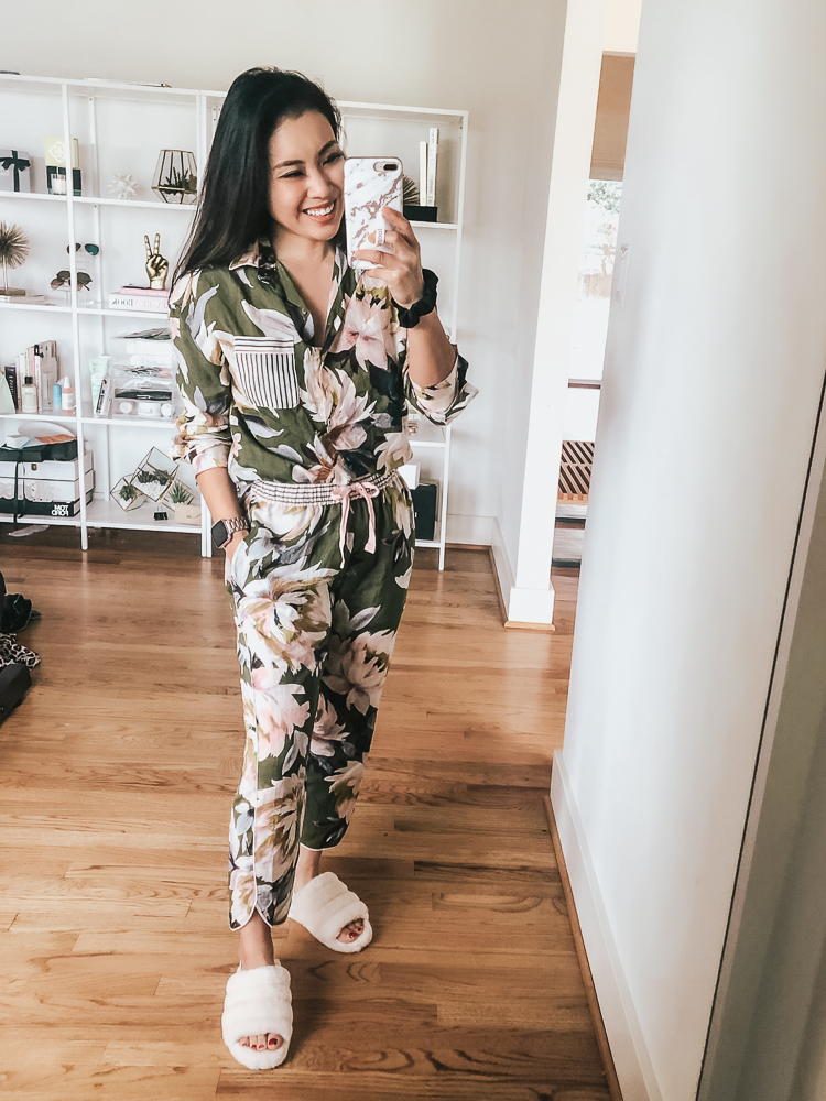 cute & little | dallas popular fashion blog | target stars above sleepwear pajamas try-on haul | olive pink floral simply cool review | Target Pajamas Try-On featured by top US petite fashion blog, Cute & Little; image of woman wearing floral pajamas from target