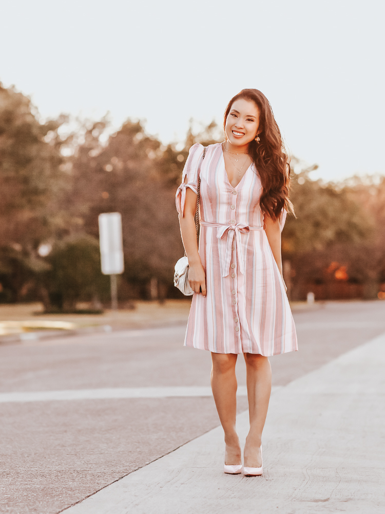 cute & little | dallas petite fashion blog | express pink pastel stripe dress, louboutin pink patent pigalle pumps | spring wedding guest date night brunch weekend outfit