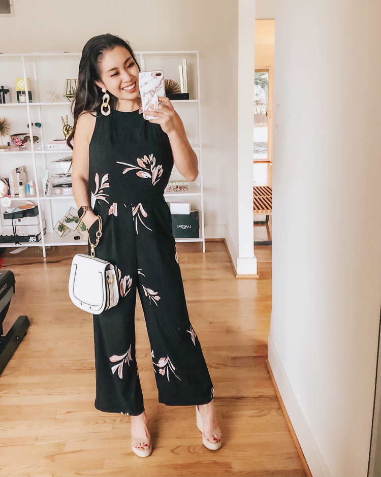 Spring Dresses featured by top US petite fashion blog Cute & Little; Image of a woman wearing target A New Day floral cropped jumpsuit.