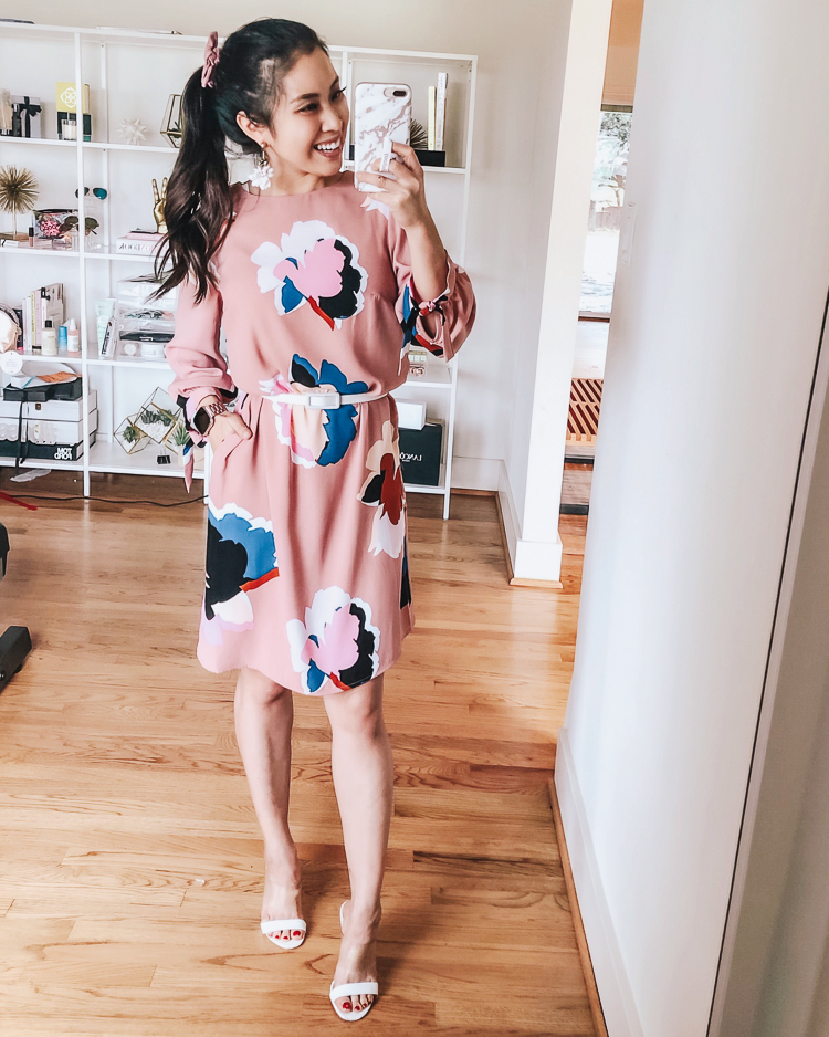 Spring Dresses featured by top US petite fashion blog Cute & Little; Image of a woman wearing target A New Day floral crepe pink dress.