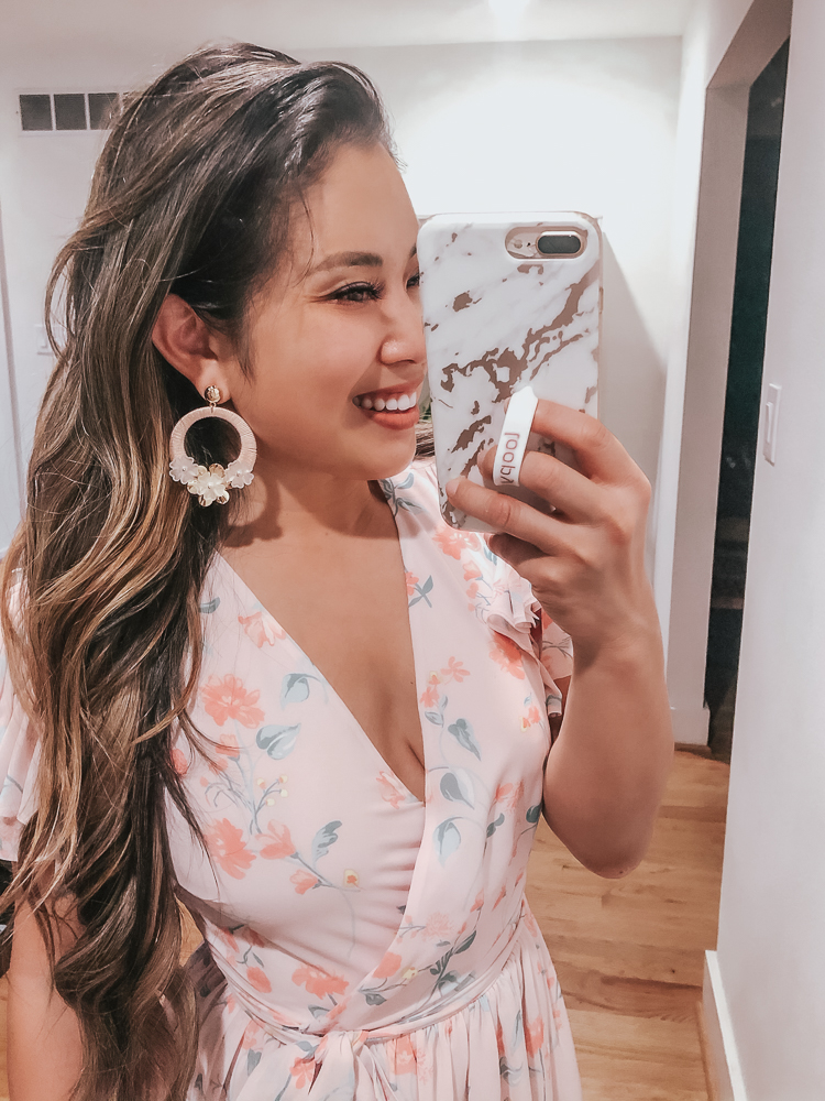 Rachel Parcell x Nordstrom featured by top US fashion blog cute & little; Image of a woman wearing Flower Hoop Drops and Rachel Parcell Tiered Ruffle Sleeve Dress