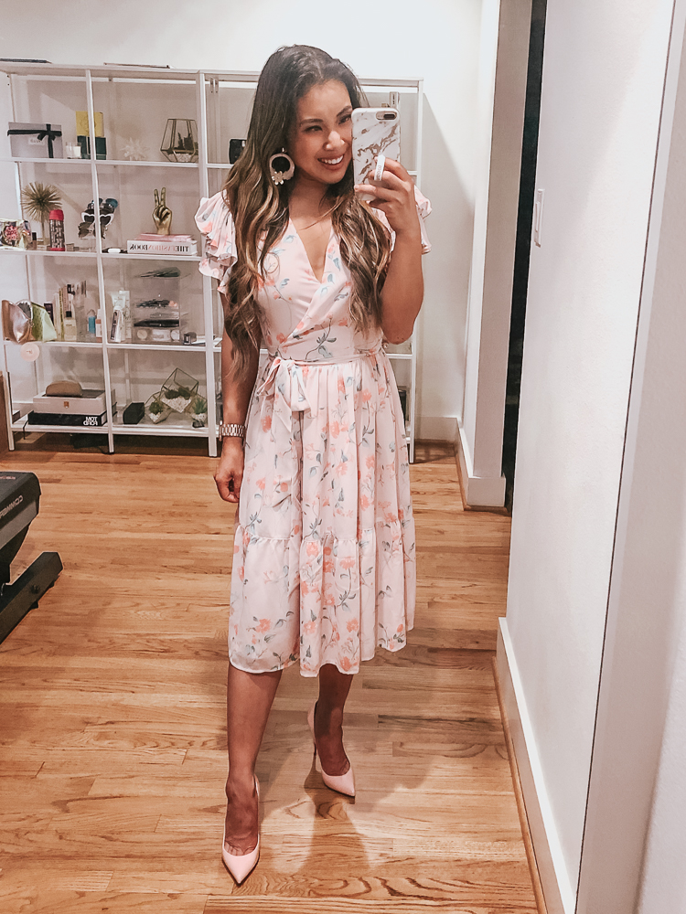 Rachel Parcell x Nordstrom featured by top US fashion blog cute & little; Image of a woman wearing Rachel Parcell Tiered Ruffle Sleeve Dress, Louboutin Pigalle Follies shoes and  Rachel Parcell Flower Hoop Drops.