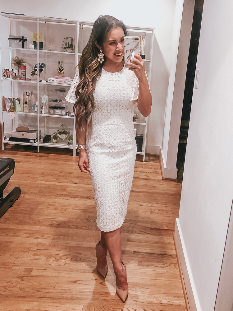Rachel Parcell x Nordstrom featured by top US fashion blog cute & little; Image of a woman wearing Rachel Parcell Flutter Sleeve Lace Sheath dress, Louboutin 'So Kate' Pumps and Rachel Parcell Floral Statement Chandelier Earrings.