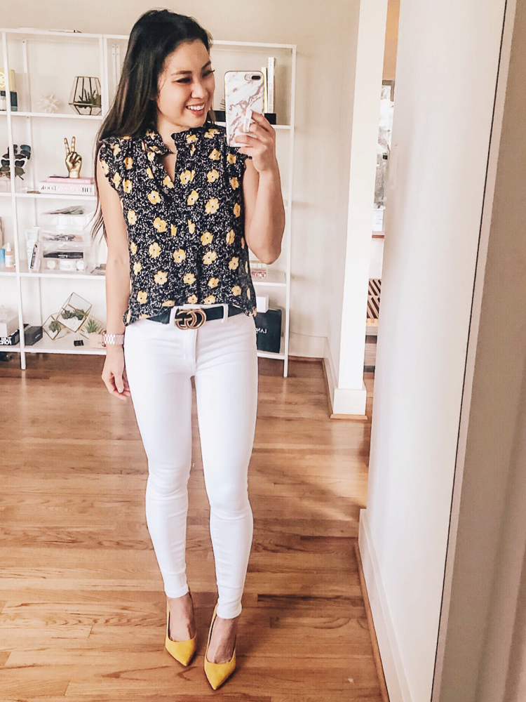 LOFT Sale featured by top US petite fashion blog Cute & Little; Image of a woman wearing loft leaves henley ruffle shell, american eagle white skinny jeans, yellow pumps