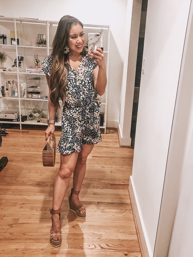 LOFT Sale featured by top US petite fashion blog Cute & Little; Image of a woman wearing LOFT flutter sleeve floral romper, see by chloe glyn espadrilles shoes.