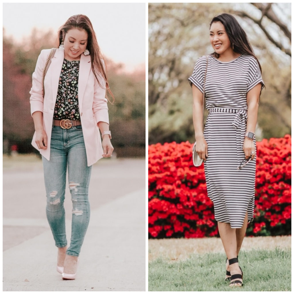 cute & little | popular dallas petite fashion blog | loft lightweight modern pink blazer, loft striped tie waist midi dress | spring outfits | LOFT Cute Spring Outfits and Must-Haves featured by top US fashion blog, Cute & Little