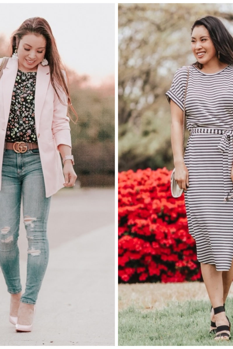 cute & little | popular dallas petite fashion blog | loft lightweight modern pink blazer, loft striped tie waist midi dress | spring outfits | LOFT Cute Spring Outfits and Must-Haves featured by top US fashion blog, Cute & Little