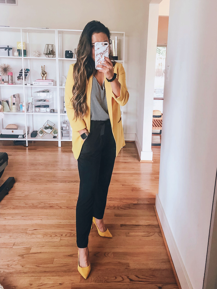 LOFT Sale featured by top US fashion blog cute & little; Image of a woman wearing loft striped v-neck cami, express yellow siren boyfriend blazer and express black jersey pants.