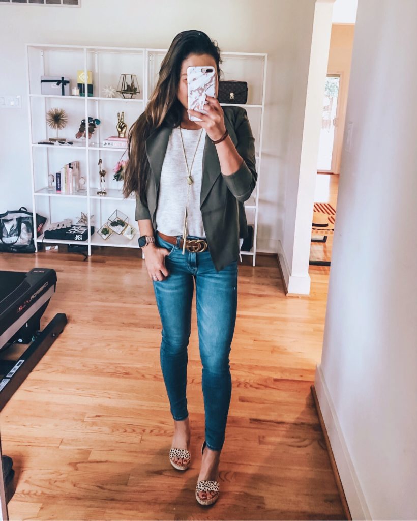 Olive Jacket featured by top US petite fashion blog Cute & Little; Image of a woman wearing LOFT olive drapey open jacket, lou grey tweedknit side button tank, american eagle jeans, leopard espadrille wedges and kendra scott necklace.