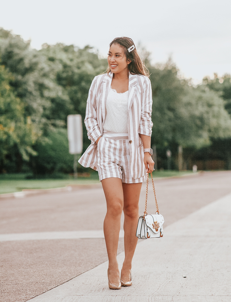 Target Fashion featured by top US petite fashion blog Cute & Little; Image of a woman wearing Target A New Day Stripe Linen Blazer, Abercrombie Lace Cami, Target A New Day Linen Stripe Shorts, BCBGeneration 'Heidi' Pumps, Amazon Pearl Hair Clips and Amazon Gucci dupe bag.