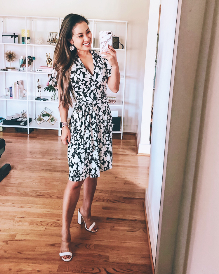Ann Taylor Flash Sale featured by top US fashion blog Cute & Little; Image of a woman wearing Ann Taylor Garden Flutter Sleeve Wrap dress, ASOS shoes and Amazon Flower Hoops.