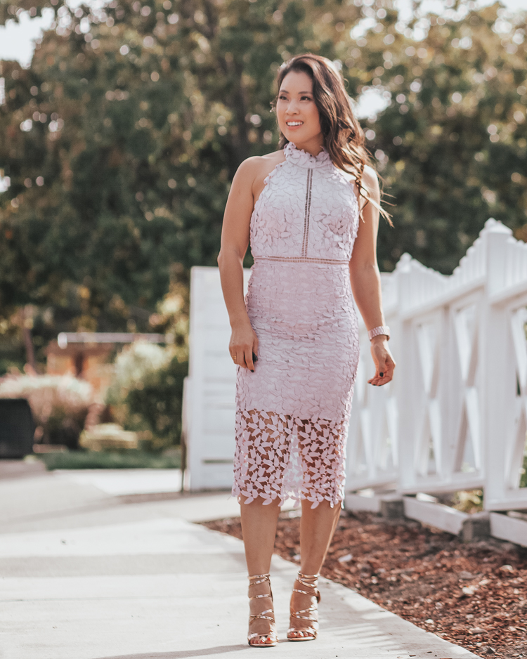 Summer Wedding Guest Dresses featured by top US petite fashion blog Cute & Little; Image of a woman wearing bardot gemma orchid lace crochet halter dress and BP shoes.