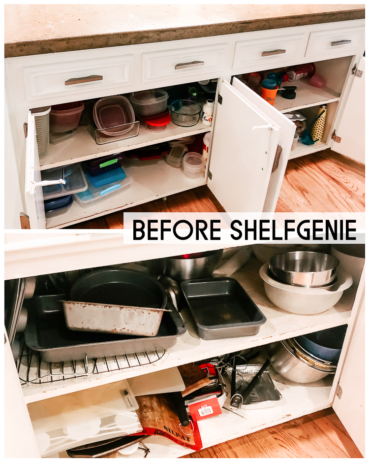 cute & little | popular dallas home blogger | shelfgenie home improvement organization review | quick and easy tips to organize your kitchen | Quick Kitchen Organization Tips with ShelfGenie by popular Dallas petite fashion blog, Cute and Little: before and after image of unorgaized kitchen cupboards with Tupperware, mixing bowls, cooling racks, and cooking pans in them.