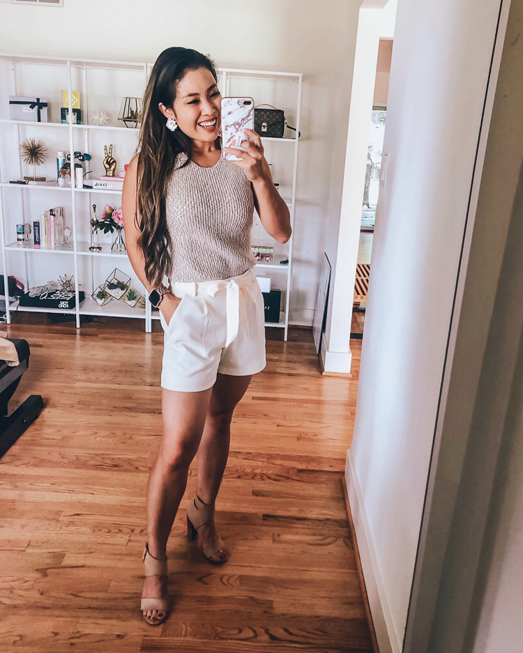 LOFT Favorites featured by top US petite fashion blog Cute & Little; Image of a woman wearing loft marled sweater tank and loft crepe tie waist shorts.