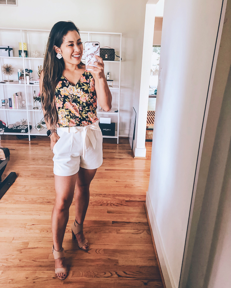 LOFT Favorites featured by top US petite fashion blog Cute & Little; Image of a woman wearing loft floral strappy cami and loft crepe tie waist shorts.