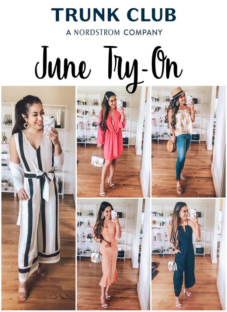 cute & little | popular petite dallas fashion blog | nordstrom trunk club dressy summer favorites haul try-on review | Trunk Club Nordstrom June Try-On by popular Dallas petite fashion blog Cute and Little: image of woman wearing Trunk Club Nordstrom All in Favor Tie Front Jumpsuit, Trunk Club Nordstrom Topshop Tiffany Knot Minidress, Leith button front peplum top, Trunk Club Nordstrom Leith front button midi skirt, Trunk Club Nordstrom MINKPINK Arcadia Paperbag Camisole, and Trunk Club Nordstrom Adelyn Rae Layla Culotte Jumpsuit.