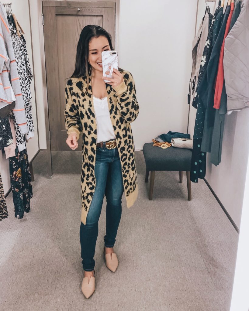 cute & little | dallas popular petite fashion blog | nordstrom anniversary sale 2019 top must-have picks | bp long leopard jacquard cardigan, cp. lace trim satin camisole, ag farrah skinny jeans | best of 2019 nsale | Nordstrom Anniversary Sale 2019: Must-Have Picks image of woman standing in a dressing room and wearing a BP Leopard Cardigan, BP. Lace Trim Satin Camisole, AG 'Farrah' Skinny Jeans, Gucci Double G, and Vince 'Darlington' Flats. 