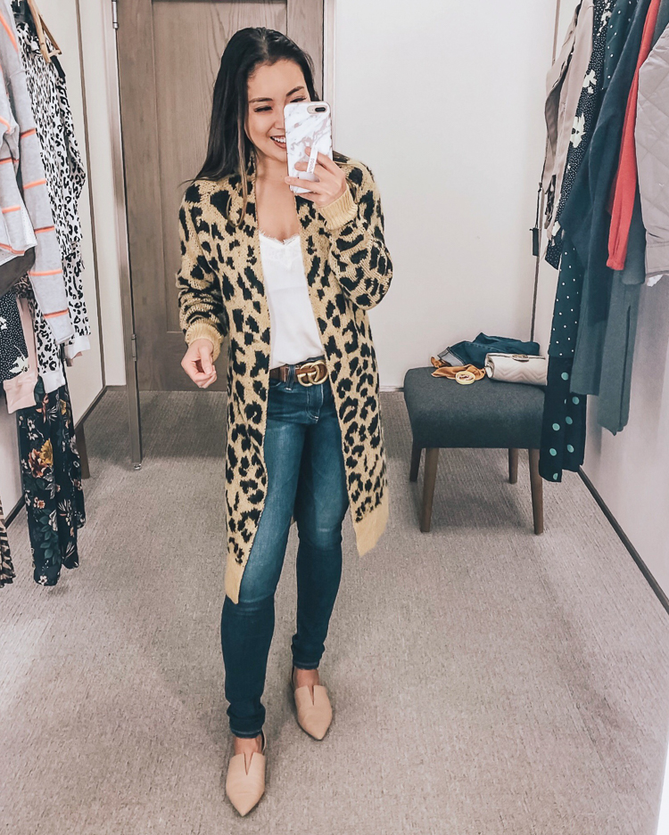 cute & little | dallas popular petite fashion blog | nordstrom anniversary sale 2019 top must-have picks | bp long leopard jacquard cardigan, cp. lace trim satin camisole, ag farrah skinny jeans | best of 2019 nsale | Nordstrom Anniversary Sale: Dressing Room Try-On + Giveaway! by popular Dallas petite fashion blog, Cute and Little: image of a woman in a dressing room wearing a BP Leopard Cardigan, BP. Lace Trim Satin Camisole, and AG 'Farrah' Skinny Jeans. 