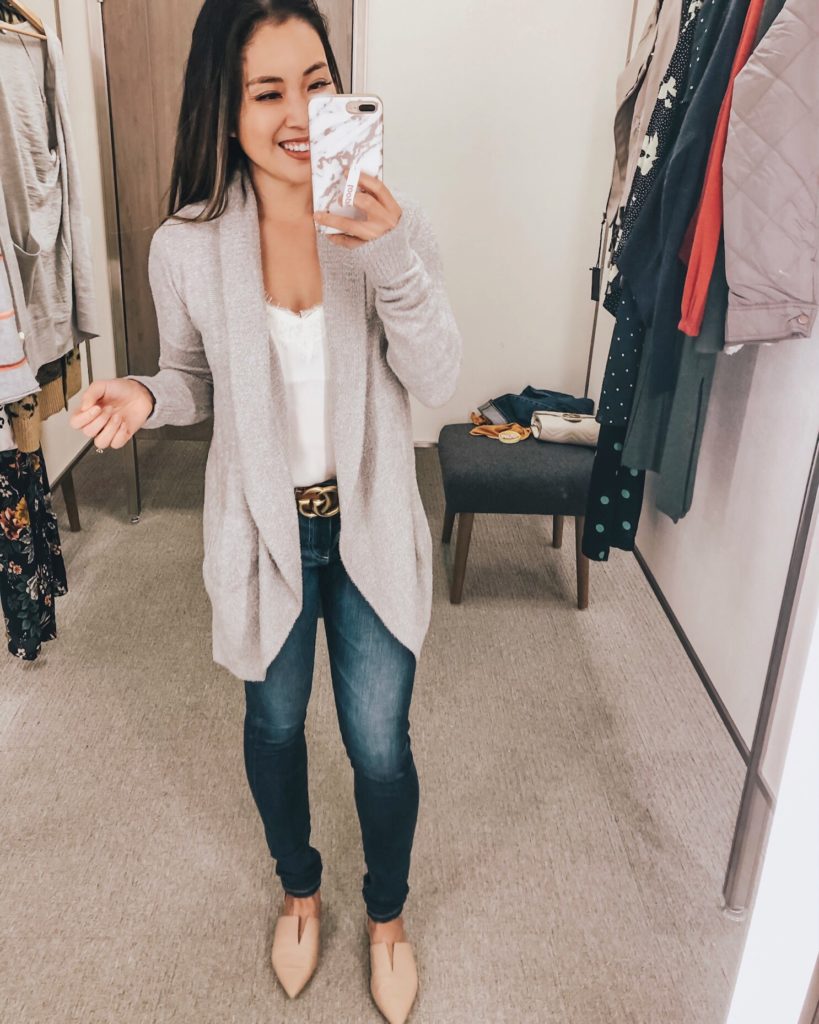 cute & little | dallas popular petite fashion blog | nordstrom anniversary sale 2019 top must-have picks | barefoot dreams cozychic cocoon cardigan, cp. lace trim satin camisole, ag farrah skinny jeans | best of 2019 nsale | Nordstrom Anniversary Sale 2019: Must-Have Picks image of woman standing in a dressing room and wearing a Barefoot Dreams CozyChic Circle Cardigan, BP. Lace Trim Satin Camisole, AG 'Farrah' Skinny Jeans, Gucci Double G and Vince 'Darlington' Flats. 
