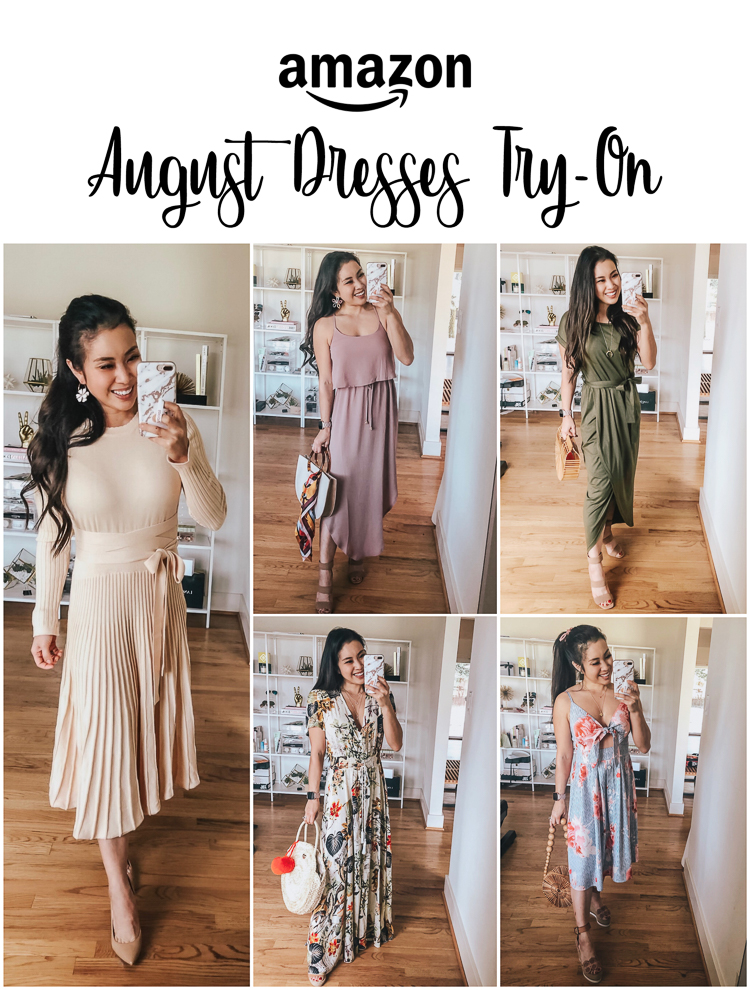 cute & little | popular dallas fashion blog | amazon summer dresses august try-on | Amazon Try-On: Cute Summer Dresses by popular Dallas petite fashion blog, Cute and Little: collage image of a woman wearing different dresses from amazon.