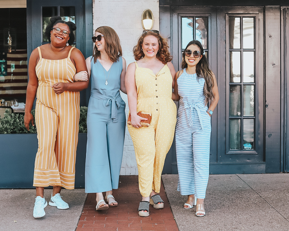 cute & little | popular dallas fashion blog | style for every body jumpsuits | summer outfit | cute & little | popular dallas fashion blog | style for every body jumpsuits | summer outfit | Style For Every Body: Cute Summer Jumpsuits by popular Dallas petite fashion blog, Cute and Little: image of four women standing next to each other outside with arms linked and wearing yellow and white stripe Target women's striped strap square front knit jumpsuit Xhilaration, blue Everlane The Japanese GoWeave Essential Jumpsuit, yellow and white polka dot Modcloth jumpsuit, and PRETTYGARDEN 2019 Women's Striped Sleeveless Waist Belted Zipper Back Wide Leg Loose Jumpsuit Romper with Pockets.