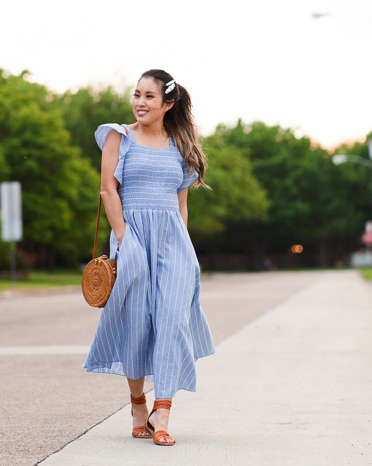 cute & little | popular dallas petite fashion blog | amazon blue smocked top stripe ruffle sleeve midi dress, amazon strappy tan sandals | spring summer outfit | amazon prime day