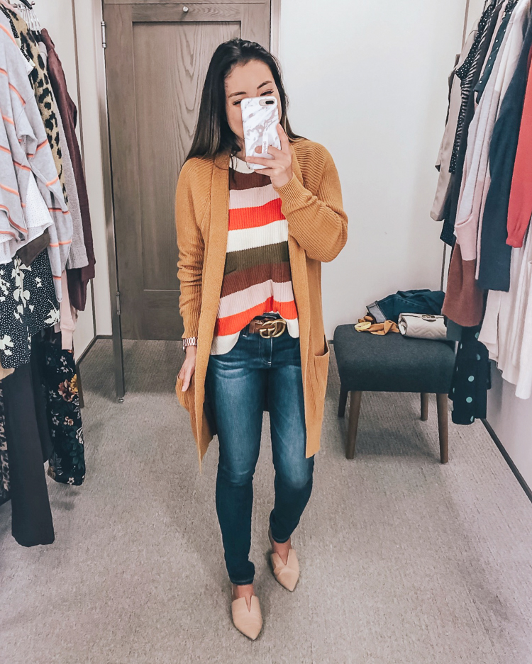 cute & little | dallas popular petite fashion blog | nordstrom anniversary sale 2019 top must-have picks | bp ribbed longline cardi, madewell stripe pullover sweater, ag farrah jeans | best of 2019 nsale | Nordstrom Anniversary Sale: Dressing Room Try-On + Giveaway! by popular Dallas petite fashion blog, Cute and Little: image of a woman in a dressing room wearing a BP Longline Open Cardigan in brown cattail,Madewell Patch Pocket Pullover Sweater, AG 'Farrah' Skinny Jeans,Gucci Double G, and Vince 'Darlington' Flats. 