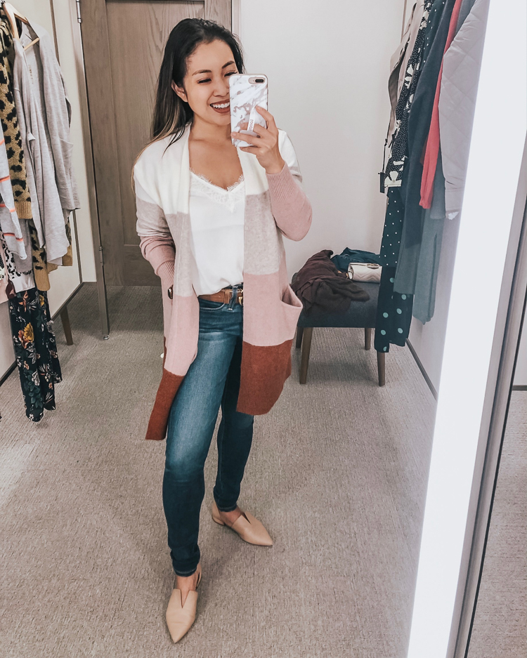 cute & little | dallas popular petite fashion blog | nordstrom anniversary sale 2019 top must-have picks | madewell ryder stripe cardigan, cp. lace trim satin camisole, ag farrah skinny jeans | best of 2019 nsale | Nordstrom Anniversary Sale: Dressing Room Try-On + Giveaway! by popular Dallas petite fashion blog, Cute and Little: image of a woman in a dressing room wearing a Madewell Ryder Stripe Cardigan, AG 'Farrah' Skinny Jeans, BP. Lace Trim Satin Camisole, Vince 'Darlington' Flats, and Gucci Double G. 