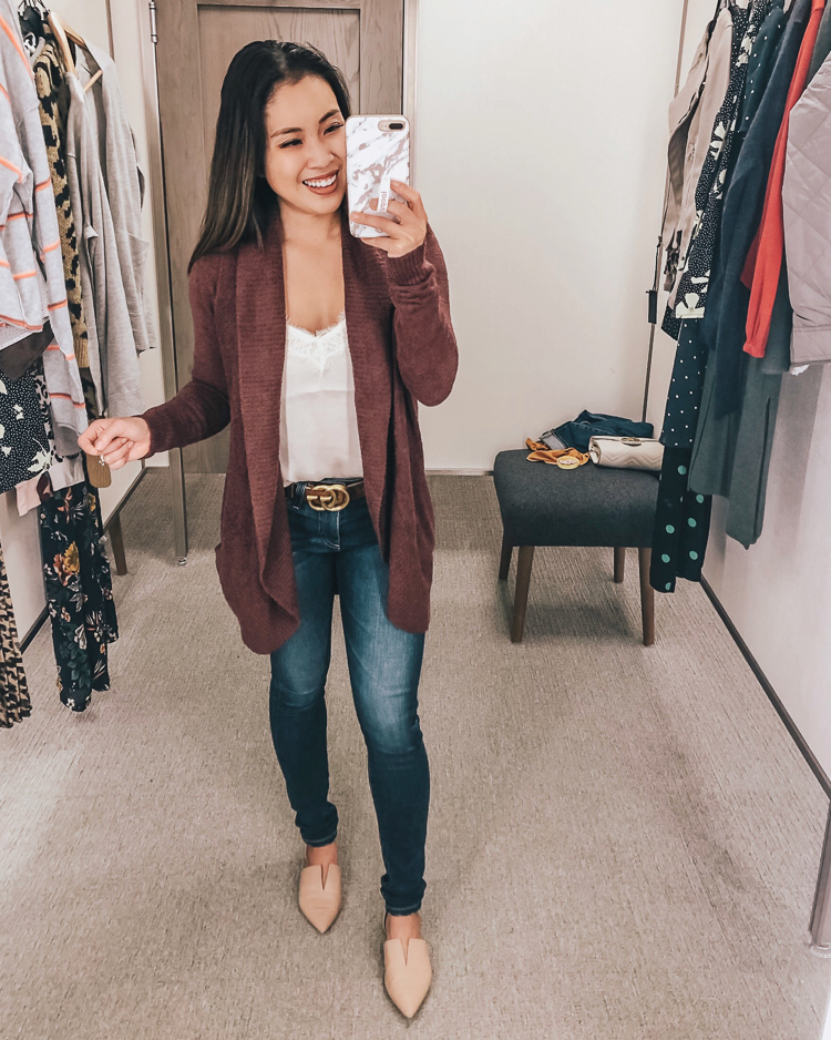 cute & little | dallas popular petite fashion blog | nordstrom anniversary sale 2019 top must-have picks | barefoot dreams cozychic cocoon cardigan, cp. lace trim satin camisole, ag farrah skinny jeans | best of 2019 nsale | Nordstrom Anniversary Sale: Dressing Room Try-On + Giveaway! by popular Dallas petite fashion blog, Cute and Little: image of a woman in a dressing room wearing a