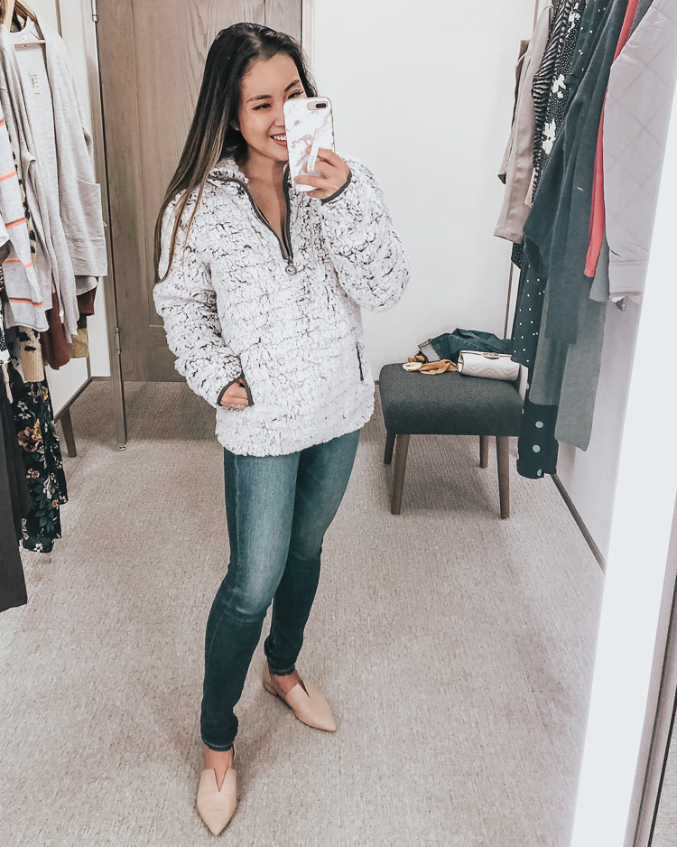 cute & little | dallas popular petite fashion blog | nordstrom anniversary sale 2019 dressing room try-on | thread supply wubby fleece pullover | best of 2019 nsale | Nordstrom Anniversary Sale Try-On by popular Dallas petite fashion blog, Cute and Little: image of a woman in a Nordstrom dressing room wearing a Thread & Supply Wubby Fleece Pullover.