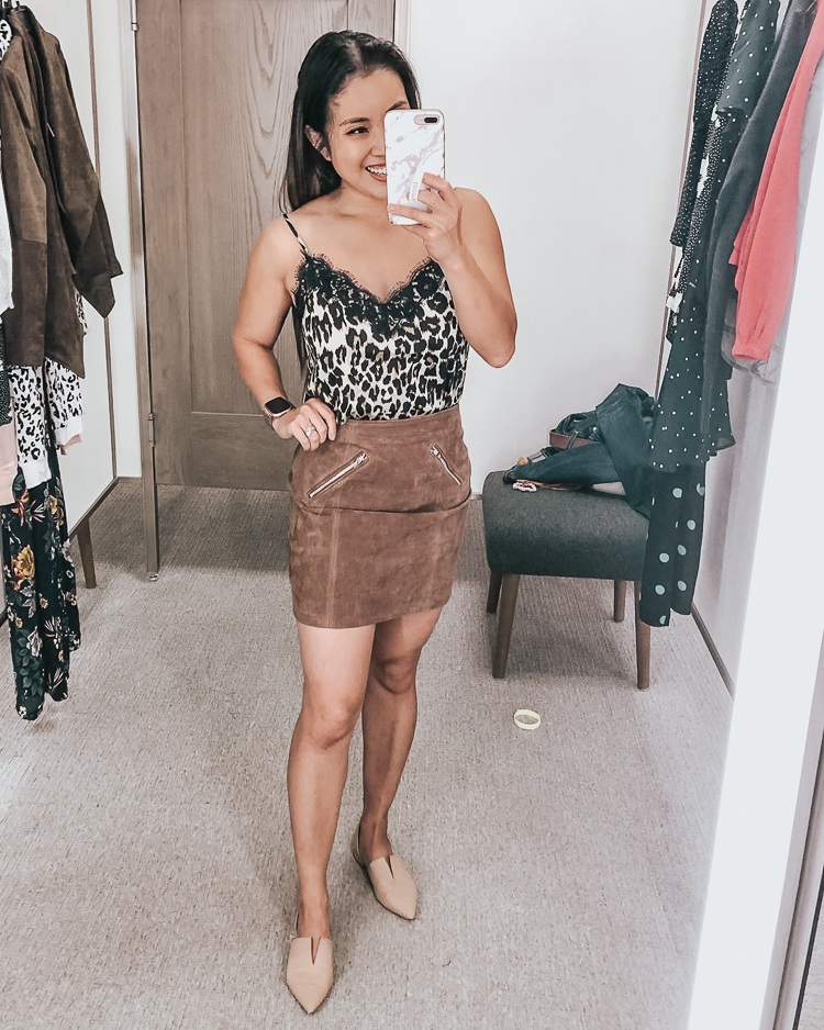 cute & little | dallas popular petite fashion blog | nordstrom anniversary sale 2019 dressing room try-on | bp leopard lace trim satin cami, blanknyc suede mini skirt | best of 2019 nsale | Nordstrom Anniversary Sale Try-On by popular Dallas petite fashion blog, Cute and Little: image of a woman in a Nordstrom dressing room wearing a Leopard Lace Cami and  BlankNYC Suede Miniskirt. 