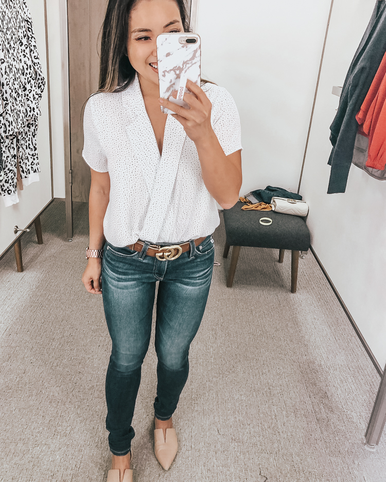 cute & little | dallas popular petite fashion blog | nordstrom anniversary sale 2019 dressing room try-on | vince camuto notch collar wrap front blouse, ag farrah skinny jeans | best of 2019 nsale | Nordstrom Anniversary Sale: Dressing Room Try-On + Giveaway! by popular Dallas petite fashion blog, Cute and Little: image of a woman in a dressing room wearing 