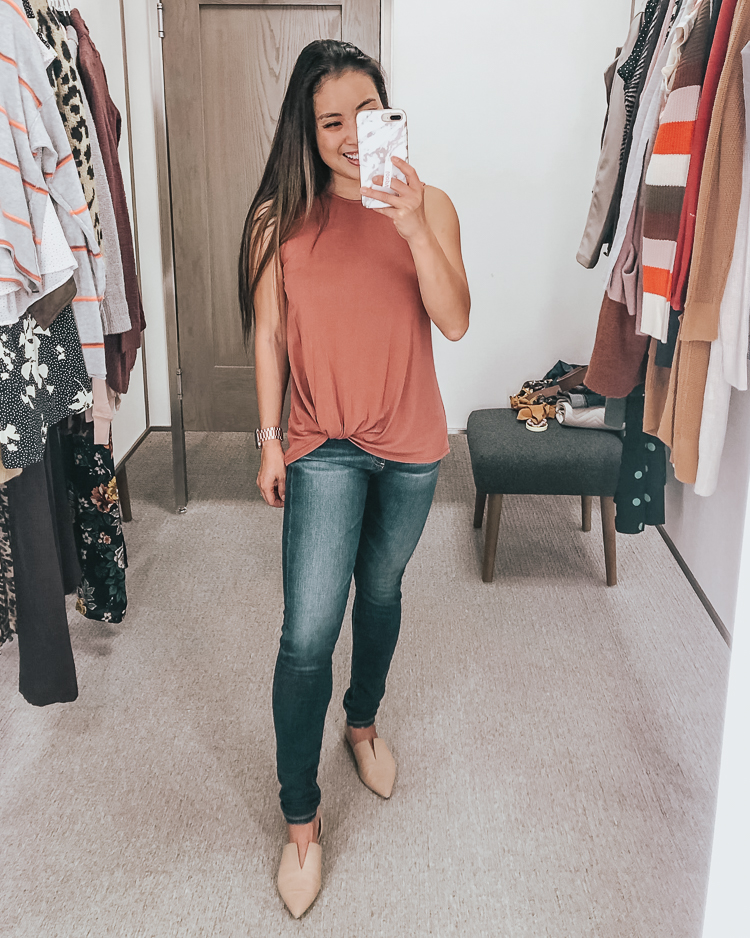 cute & little | dallas popular petite fashion blog | nordstrom anniversary sale 2019 dressing room try-on | thread supply wubby fleece pullover | best of 2019 nsale | Nordstrom Anniversary Sale Try-On by popular Dallas petite fashion blog, Cute and Little: image of a woman in a Nordstrom dressing room wearing a All In Favor Twist Tank.